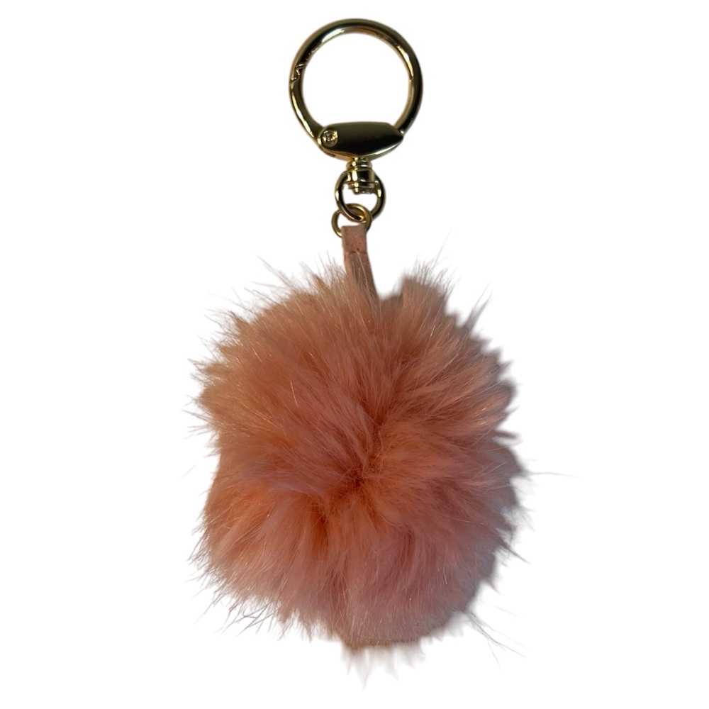 Pom Pom Pink Pouf Bag Charm Keychain Purse Key Chain Ring Fur Suede Gold Tone
